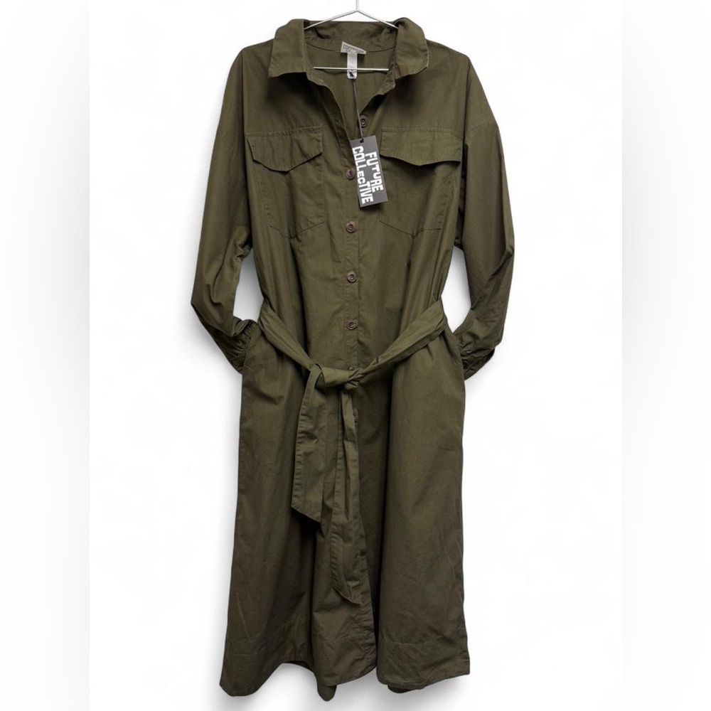 Future Collective Olive Green Button-Front Shirt Dress
